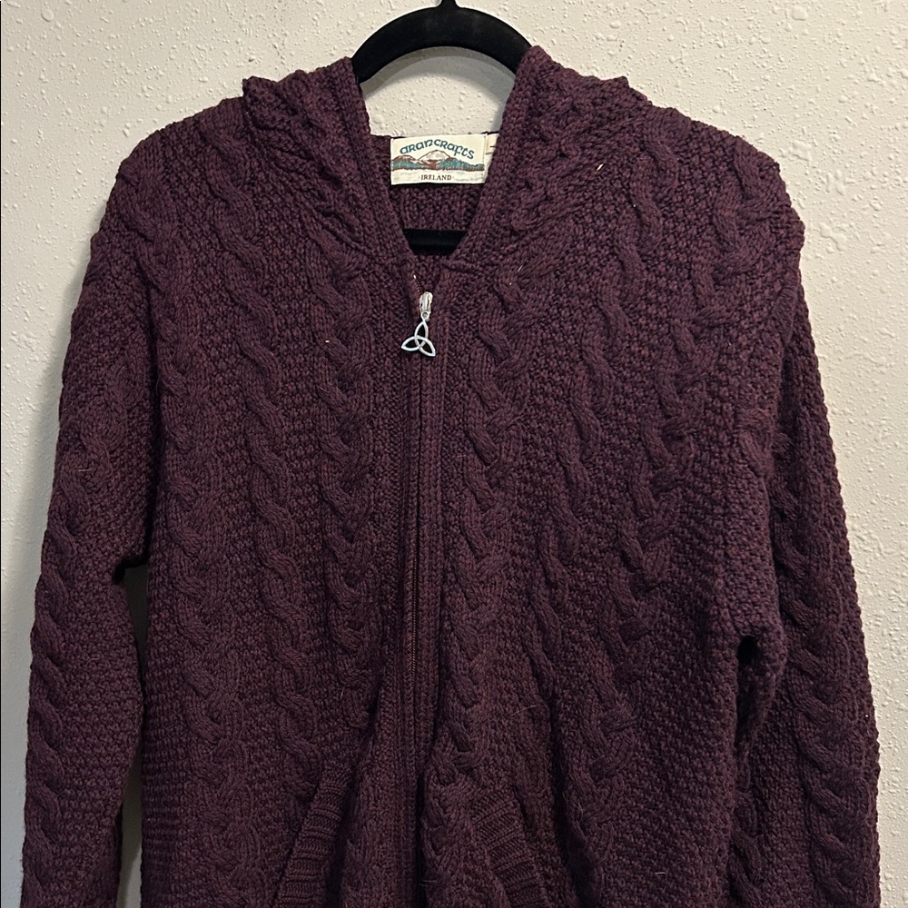 Aran Crafts Damson Irish Merino Wool Longline Cable Knit Sweater Purple